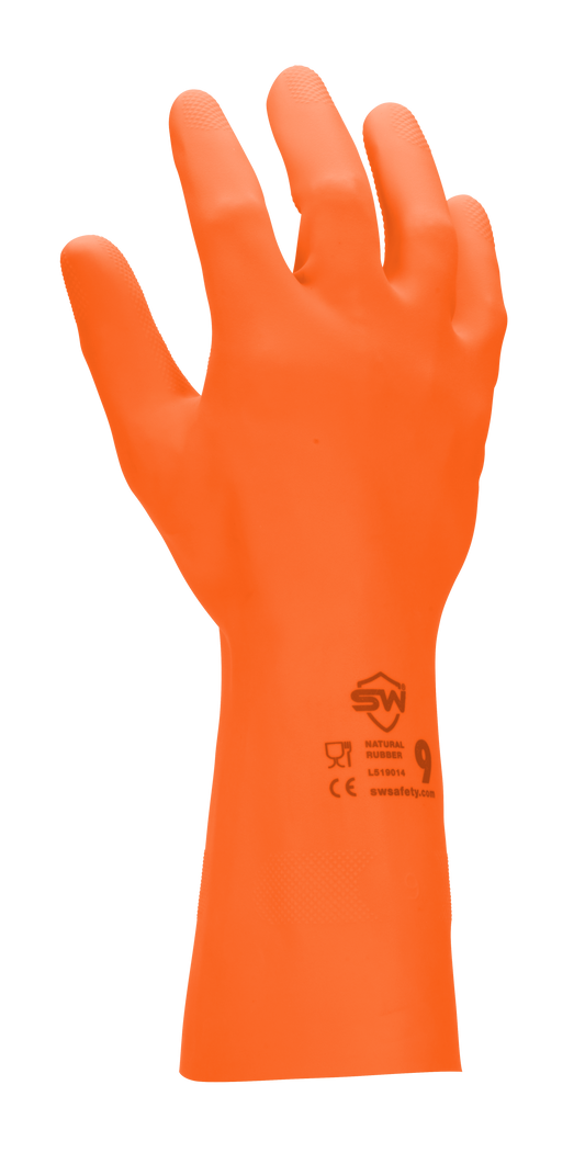 SW CoreSafe Chemical-Resistant Latex Gloves, Hi-Vis Orange Flock-lined with 28 mil Thickness