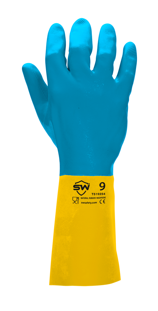 SW CoreSafe Chemical-Resistant Latex/Neoprene Gloves, Yellow/Blue Flock-lined with 28 mil Thickness